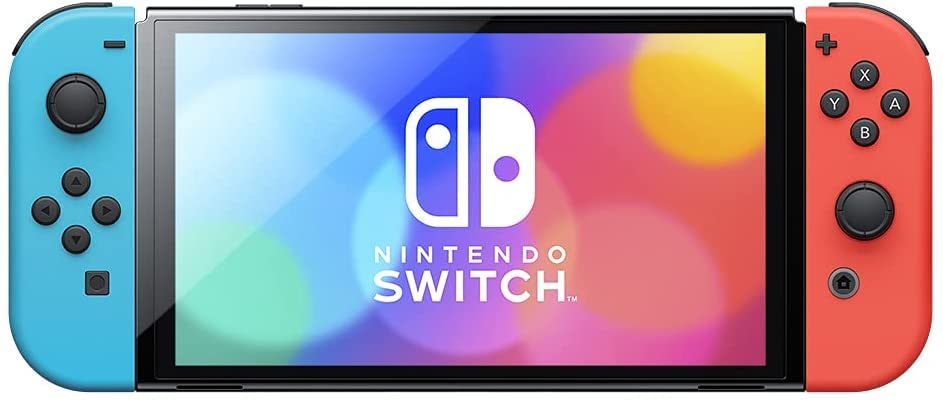 "Frontal view of the Nintendo Switch OLED Model, displaying its enhanced OLED screen and the distinctive black body with vibrant Neon Red and Neon Blue Joy-Con controllers attached."