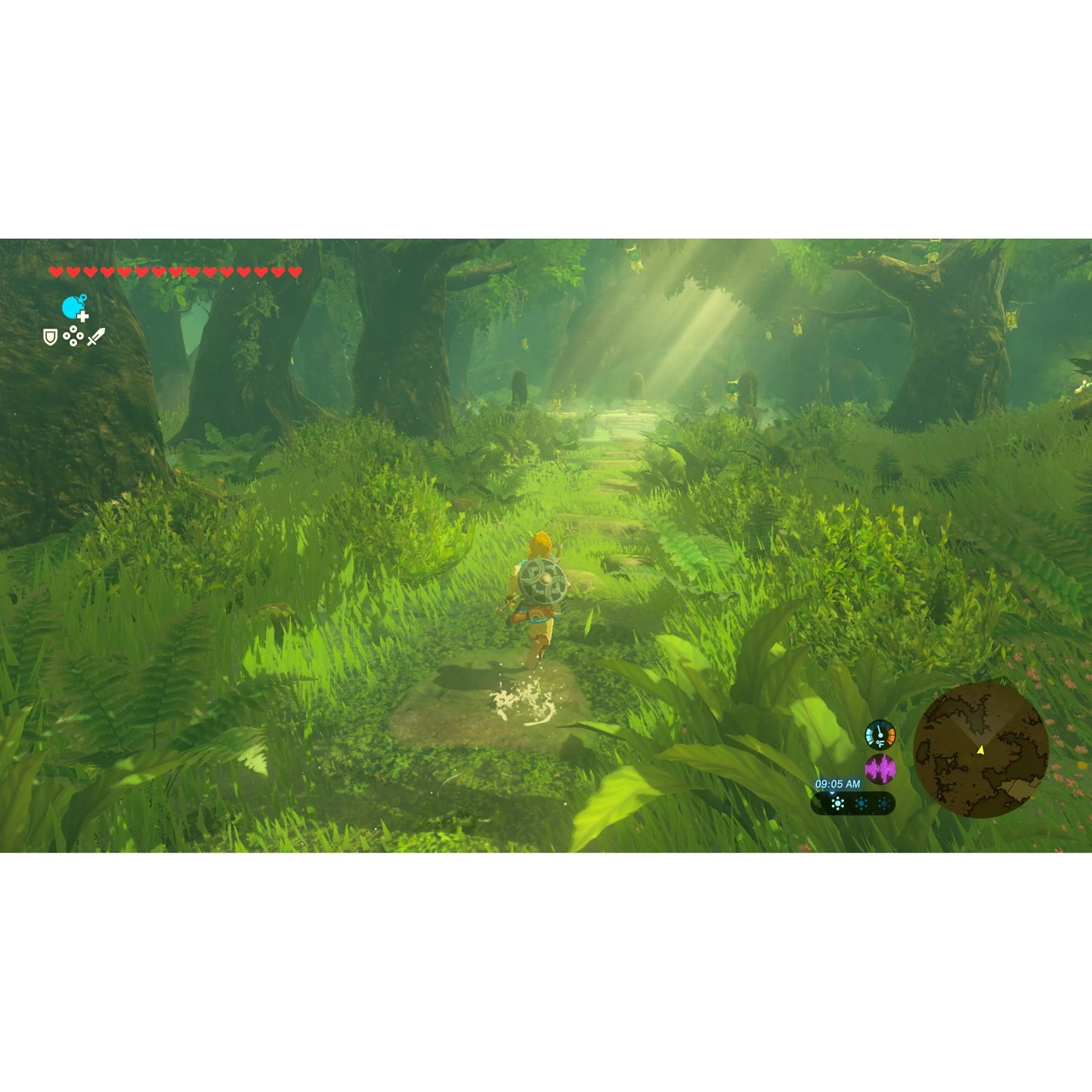 "In-game screenshot from The Legend of Zelda: Breath of the Wild – Nintendo Switch 2 Edition, depicting Link walking through a serene forest with sunlight filtering through the trees, highlighting the immersive environment."