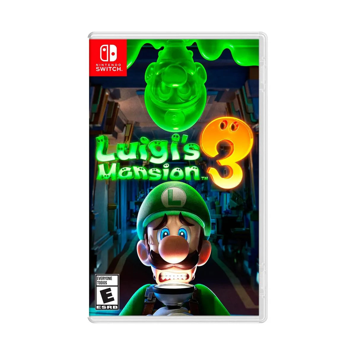 Cover art for Luigi’s Mansion 3 – Nintendo Switch Edition, featuring Luigi holding the Poltergust G-00 in front of the Last Resort hotel.