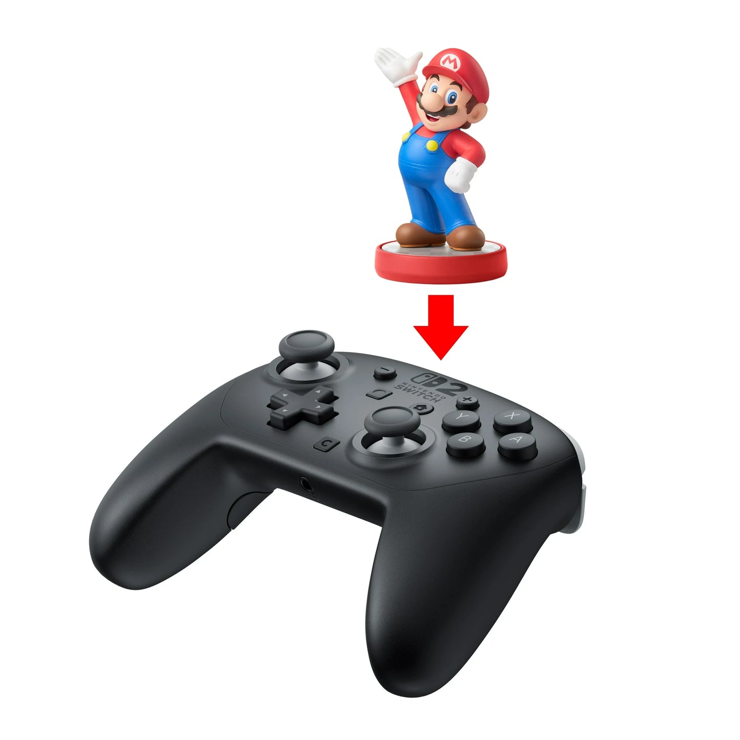 "Official Mario amiibo figure compatible with Nintendo Switch 2 Pro Controller for NFC functionality."