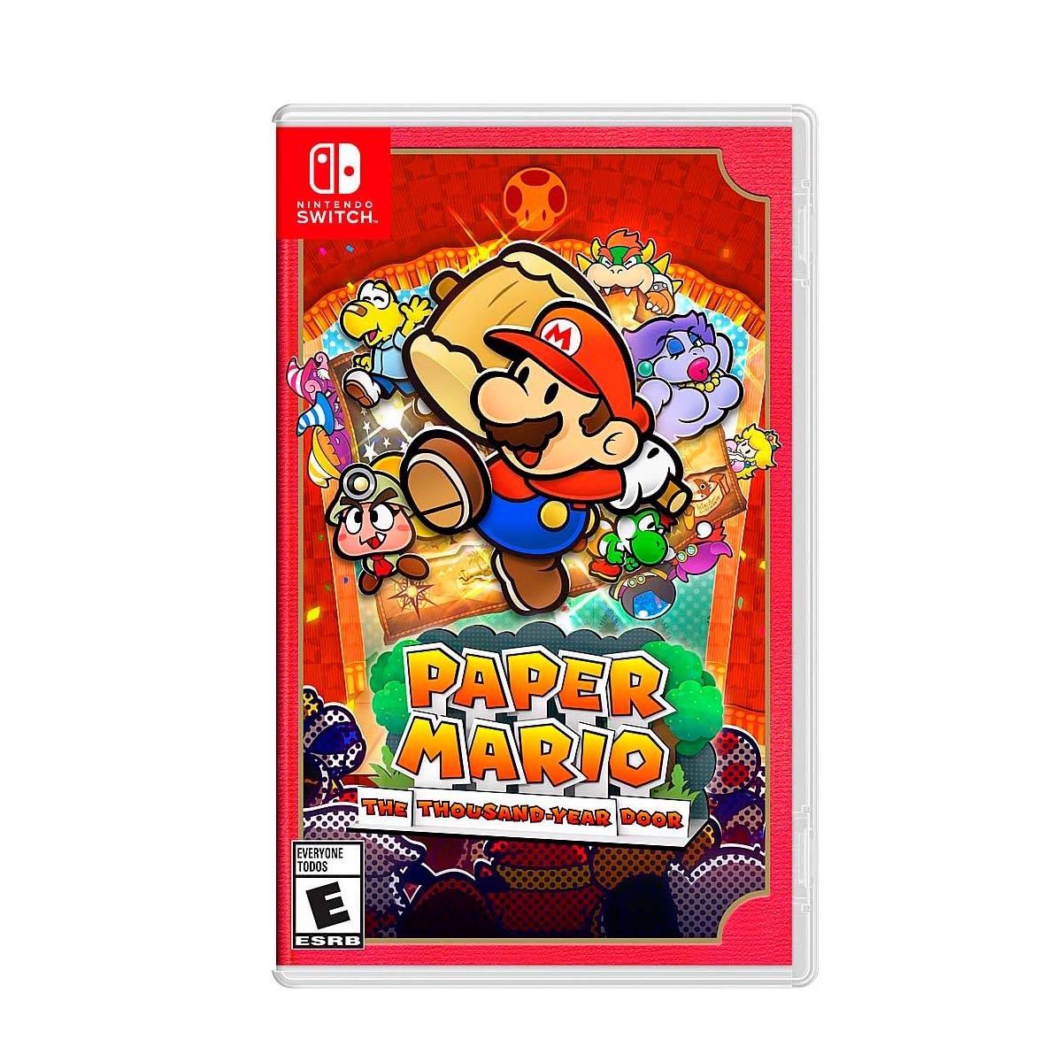 Cover art for Paper Mario: The Thousand-Year Door – Nintendo Switch Edition, featuring Mario holding a hammer with colorful characters and vibrant backgrounds.
