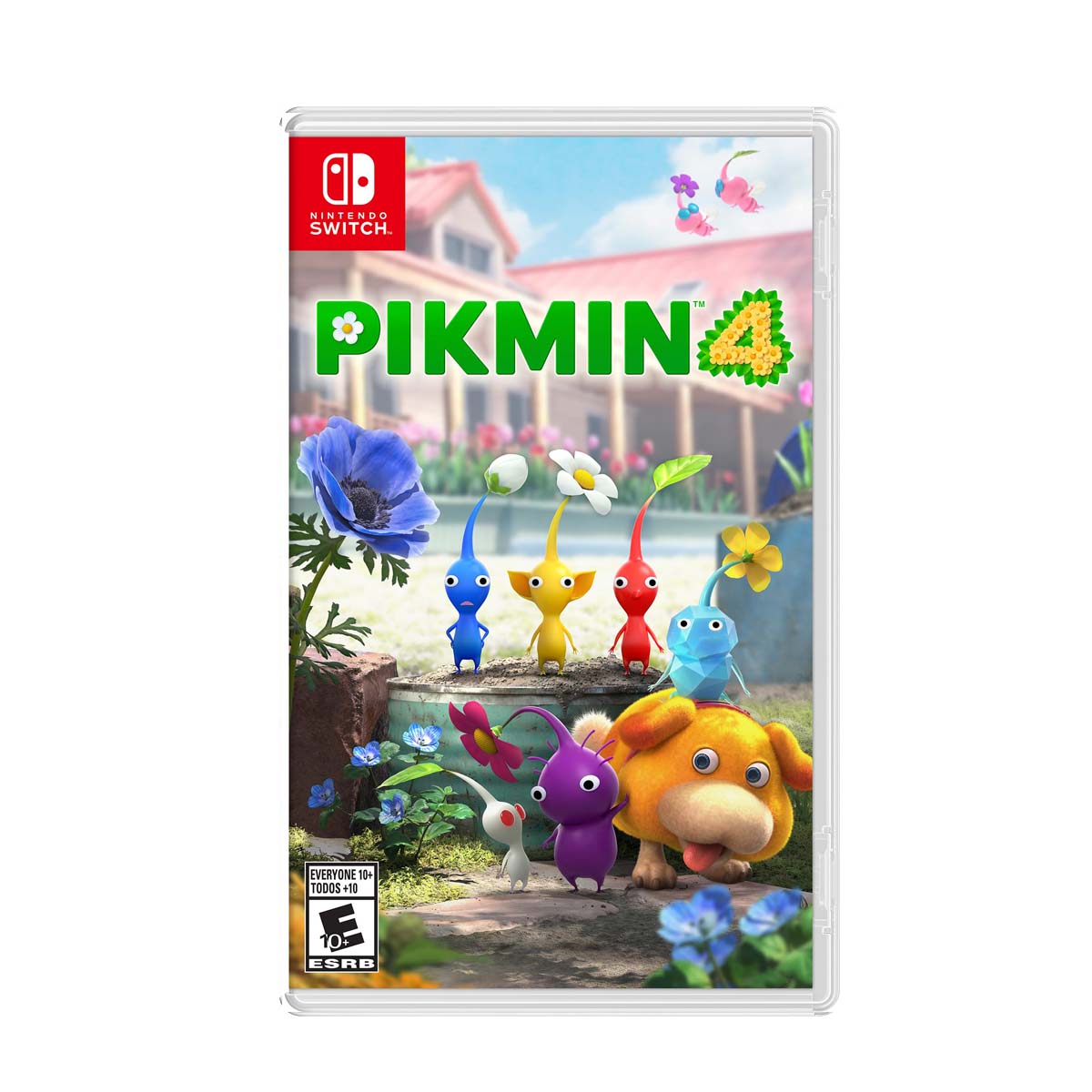 Cover art for Pikmin 4 – Nintendo Switch Edition, featuring a colorful scene with various Pikmin characters and a dog-like creature in a vibrant outdoor setting.