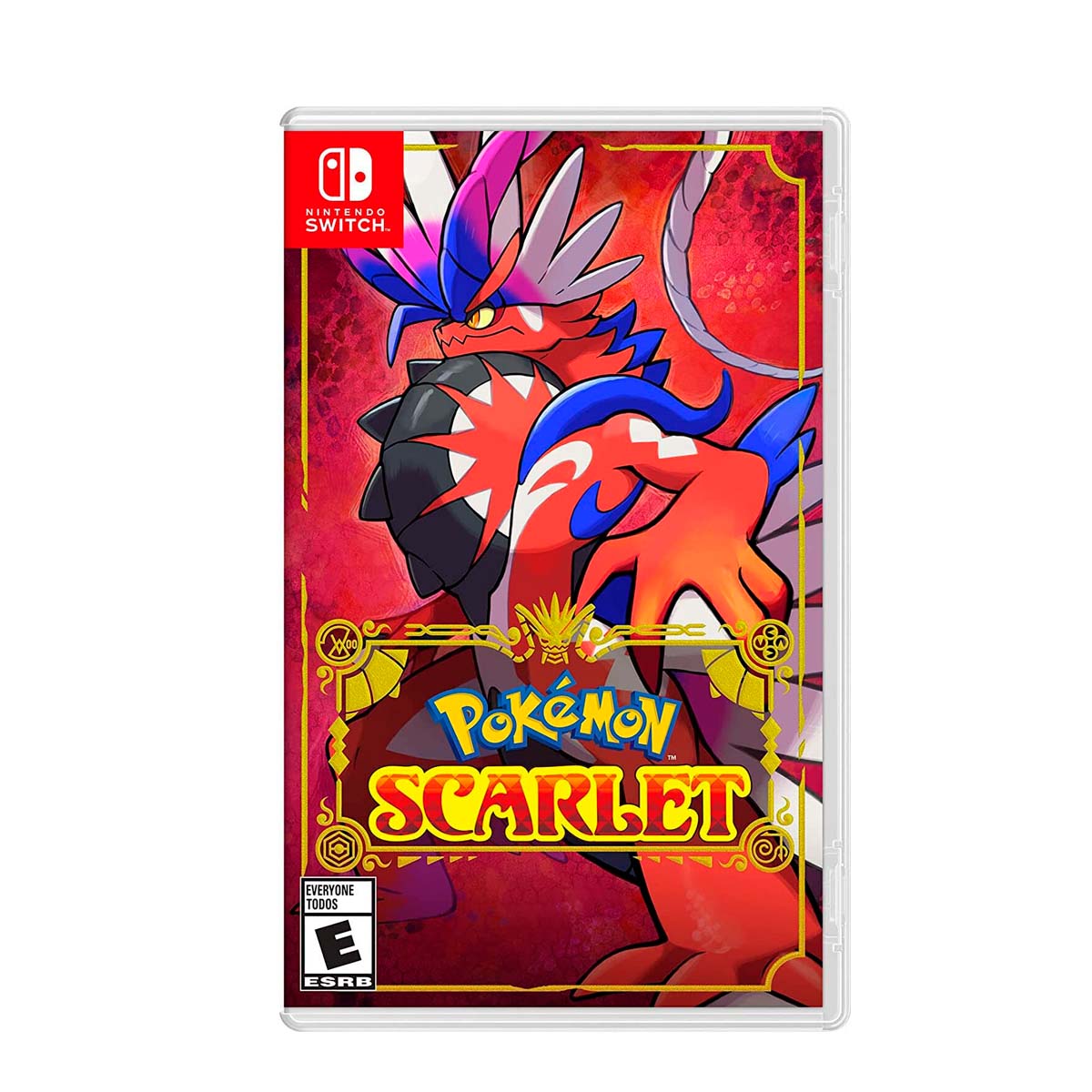 Cover art for Pokémon Scarlet – Nintendo Switch Edition, featuring Iron Valiant, a legendary Pokémon, with a vibrant red background.
