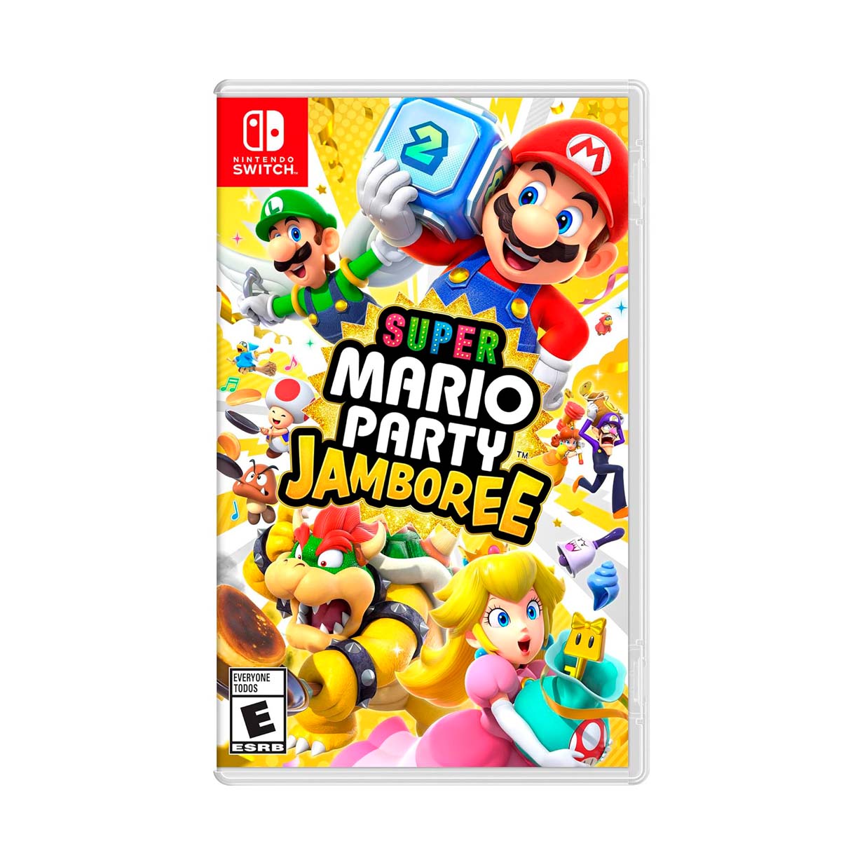 Cover art for Super Mario Party Jamboree โ Nintendo Switch Edition, featuring Mario, Luigi, Princess Peach, and other characters celebrating together.