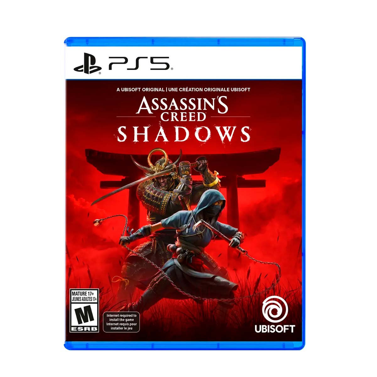 Cover art for Assassin’s Creed: Shadows – PlayStation 5 Edition, featuring a dynamic scene with two characters engaged in combat against a bold red background.