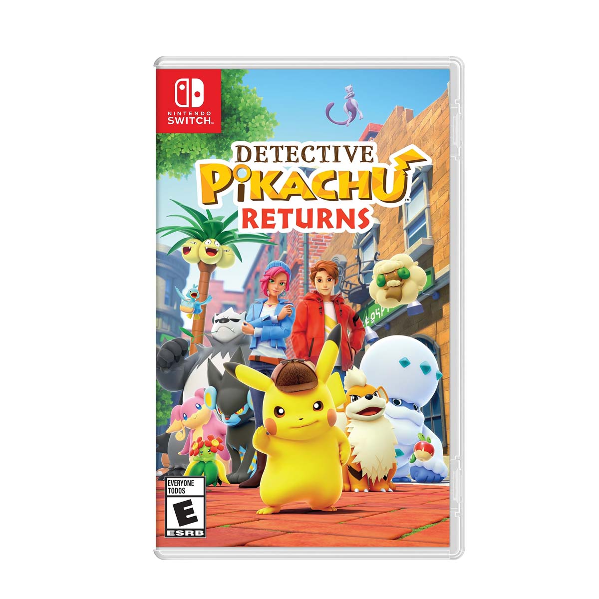 Cover art for Detective Pikachu Returns – Nintendo Switch Edition, featuring Pikachu and Tim Goodman standing together with other Pokémon characters.