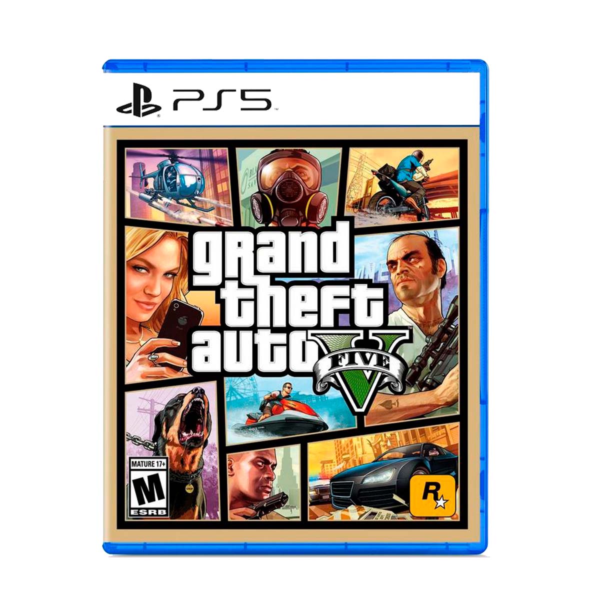 Cover art for Grand Theft Auto V (GTA V) for PlayStation 5, featuring a collage of vibrant scenes including a helicopter, a masked character, a motorcycle rider, a woman holding a phone, a dog, a jet ski rider, a man with a gun, and a sleek black car. The title 'Grand Theft Auto V' is prominently displayed in bold white letters, with the Rockstar Games logo in the bottom right corner.