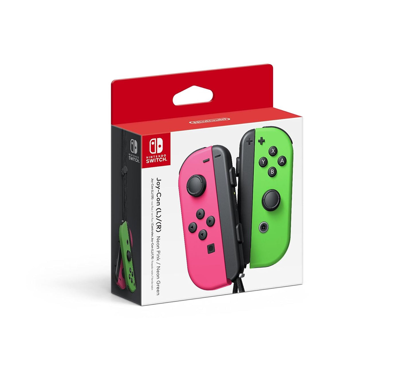 Cover art for Nintendo Joy-Con (L/R) โ Neon Pink & Green set, featuring a pair of controllers with wrist straps.
