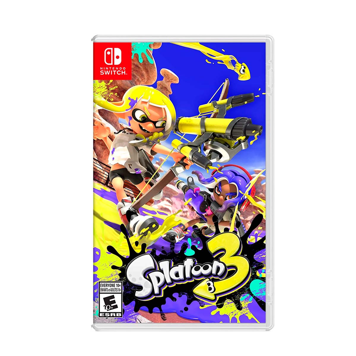 Cover art for Splatoon 3 โ Nintendo Switch Edition, featuring Inklings wielding ink weapons in a vibrant, colorful battle scene.