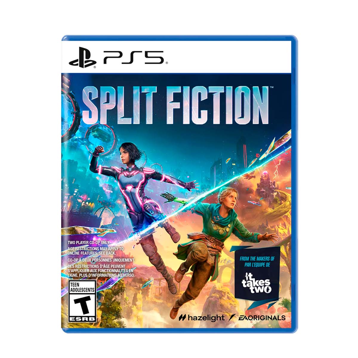 Cover art for Split Fiction – PlayStation 5 Edition, featuring vibrant characters exploring a dynamic, multi-reality world.
