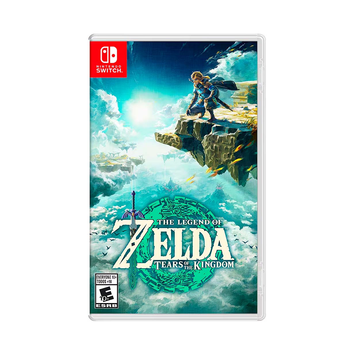 Cover art for The Legend of Zelda: Tears of the Kingdom – Nintendo Switch Edition, featuring Link standing on a floating island with a glowing shard.
