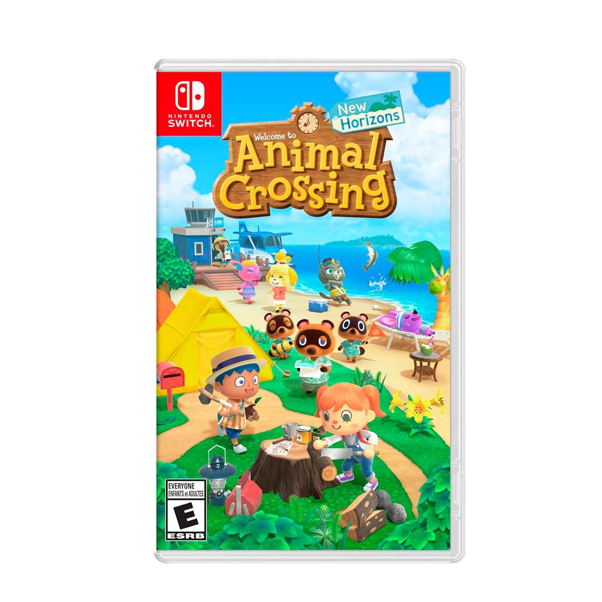 Cover art for Animal Crossing: New Horizons – Nintendo Switch Edition, featuring a vibrant island scene with characters exploring and interacting in a colorful environment.