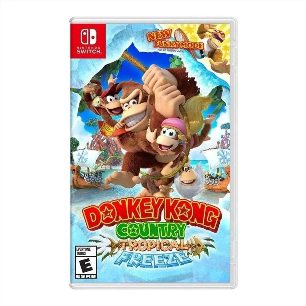 Cover art for Donkey Kong Country: Tropical Freeze – Nintendo Switch Edition, featuring Donkey Kong sliding down a snowy slope with Diddy Kong and Funky Kong in the background.
