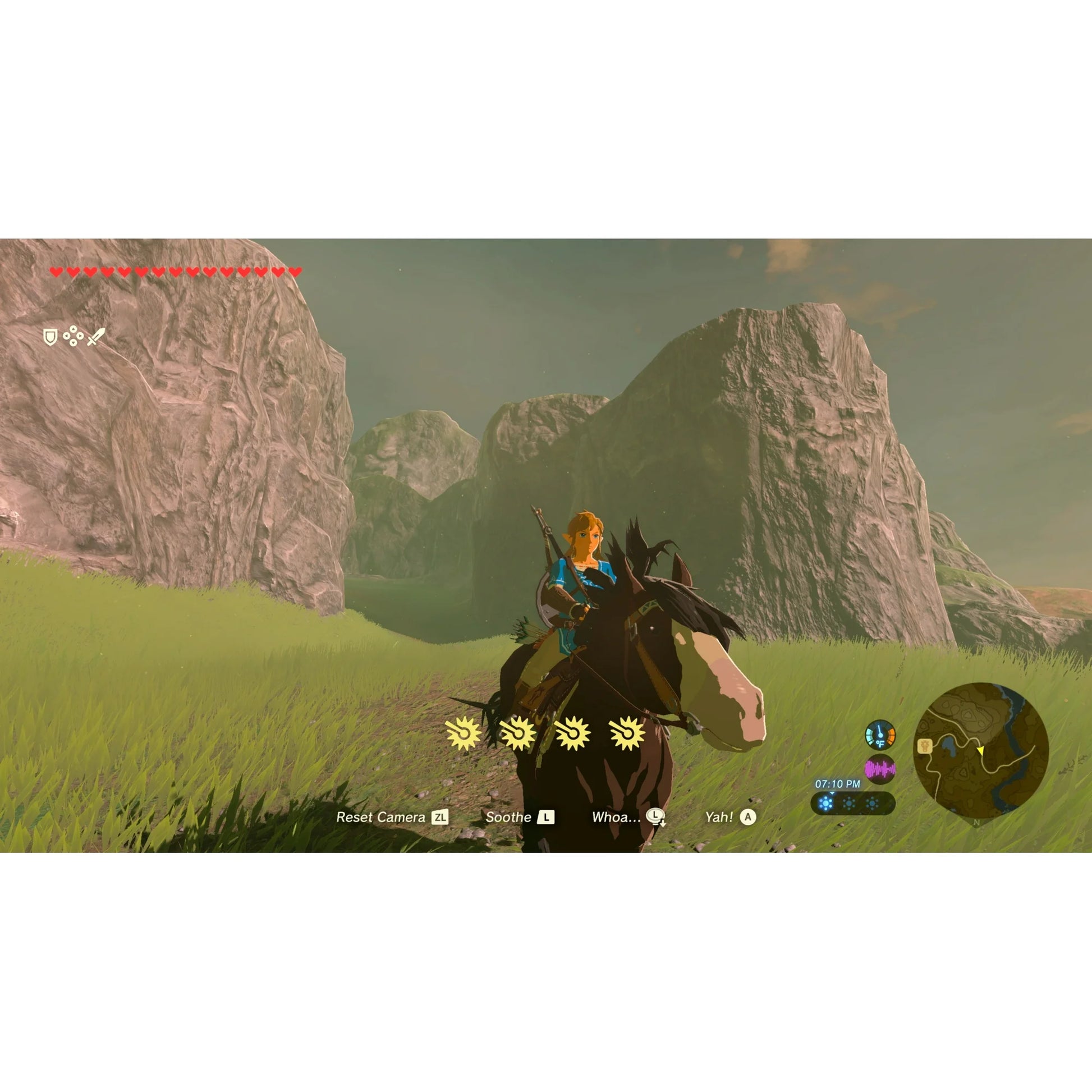 "In-game screenshot from The Legend of Zelda: Breath of the Wild – Nintendo Switch 2 Edition, showing Link riding Epona through a scenic landscape with mountains and lush greenery."