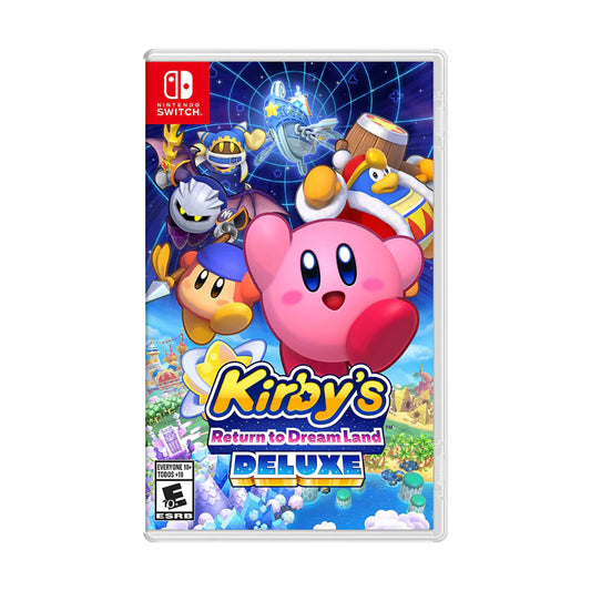 Cover art for Kirby's Return to Dream Land Deluxe – Nintendo Switch Edition, featuring Kirby and his allies standing together with a starship in the background.