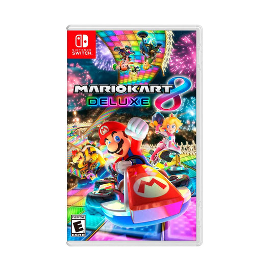 Cover art for Mario Kart 8 Deluxe – Nintendo Switch Edition, featuring Mario holding a kart with vibrant characters and colorful racing tracks in the background.