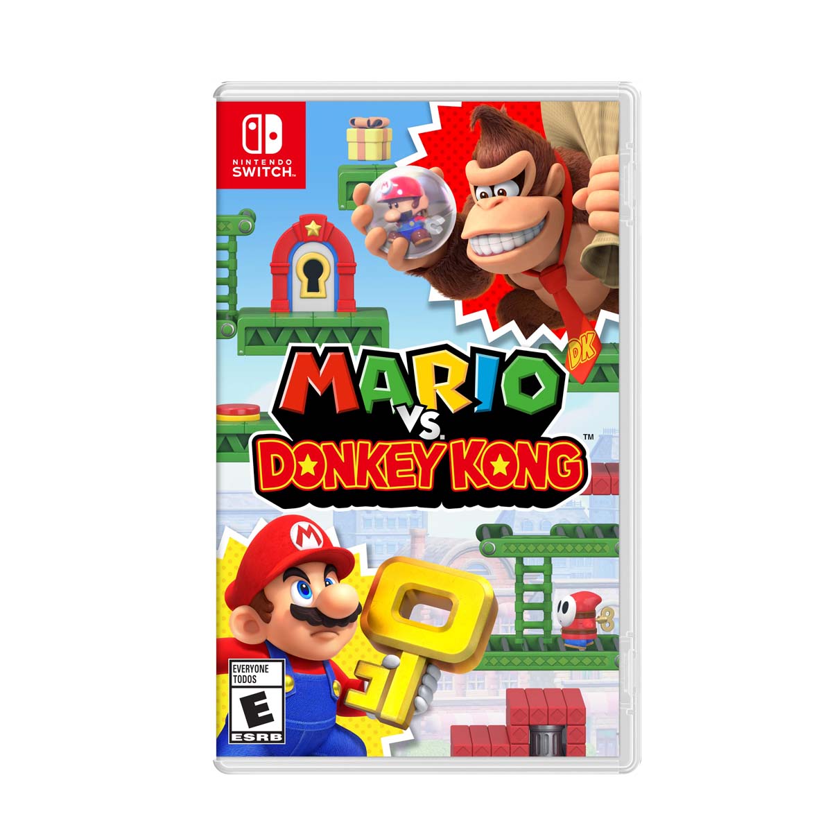 Cover art for Mario vs. Donkey Kong – Nintendo Switch Edition, featuring Mario holding a key while standing next to Donkey Kong.