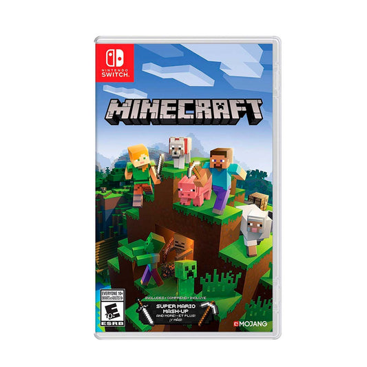 Cover art for Minecraft – Nintendo Switch Edition, featuring pixelated characters exploring a vibrant landscape with tools and animals.