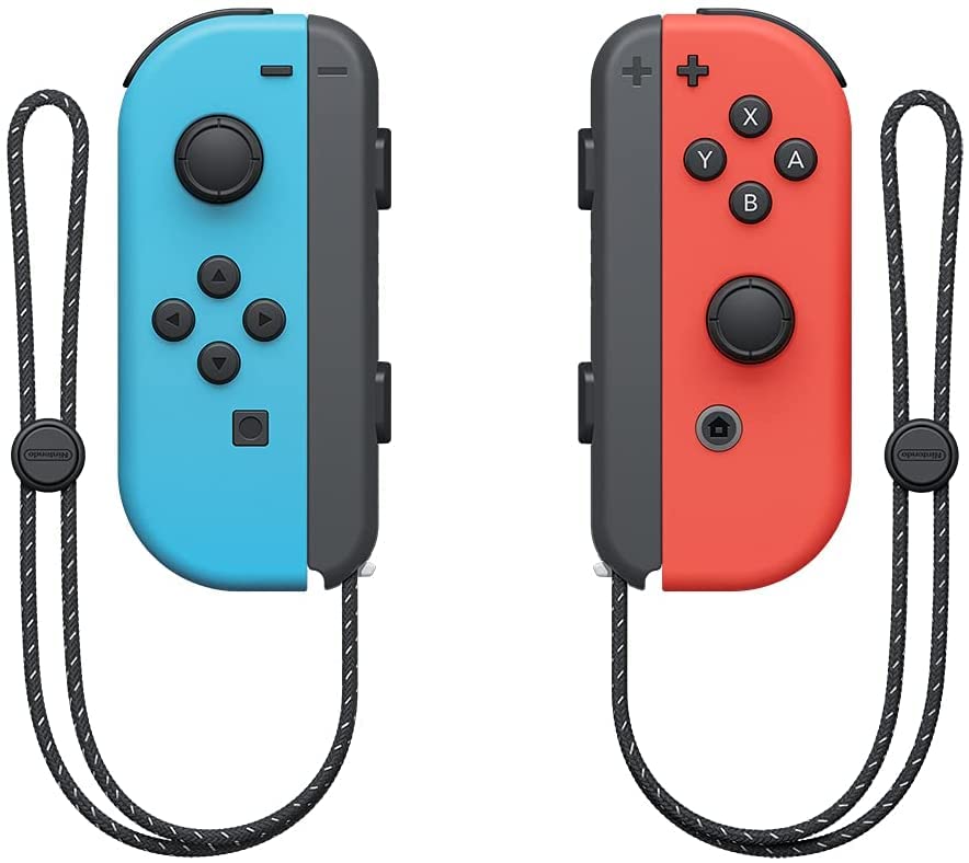"Neon Red and Neon Blue Joy-Con controllers for the Nintendo Switch OLED Model, showcasing their bright, eye-catching colors and ergonomic design."