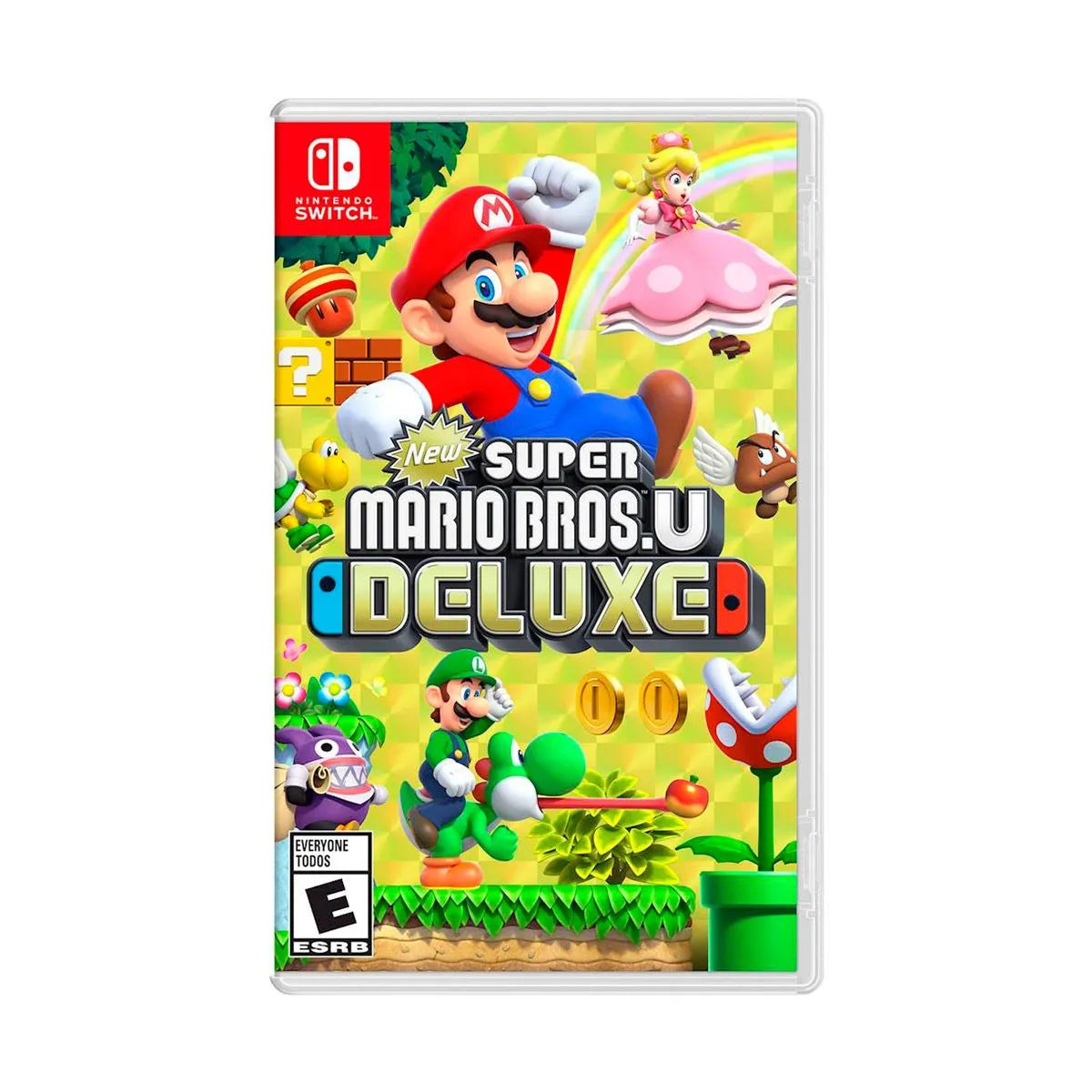 Cover art for New Super Mario Bros. U Deluxe – Nintendo Switch Edition, featuring Mario and Luigi standing together with other characters like Princess Peach and Wario in a colorful, vibrant setting.