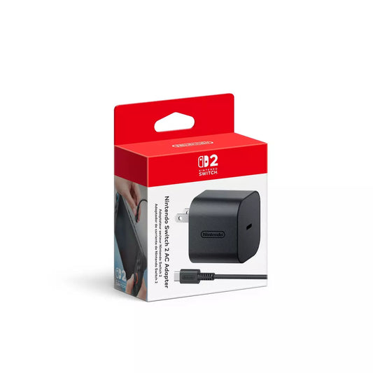 "Packaging of the Nintendo Switch 2 AC Adapter, featuring a sleek black design with the Nintendo Switch logo prominently displayed."
