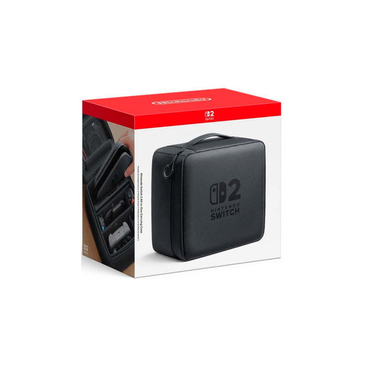 "Packaging of the Nintendo Switch 2 All-In-One Carrying Case, featuring a vibrant design with the Nintendo Switch logo, highlighting its comprehensive protection for your console."