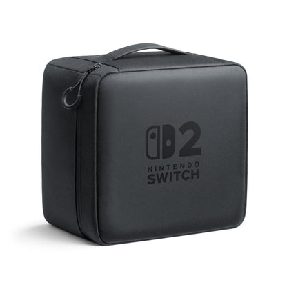 "Close-up view of the Nintendo Switch 2 All-In-One Carrying Case, showcasing its durable black exterior with the Nintendo Switch logo, designed to securely store your gaming essentials."