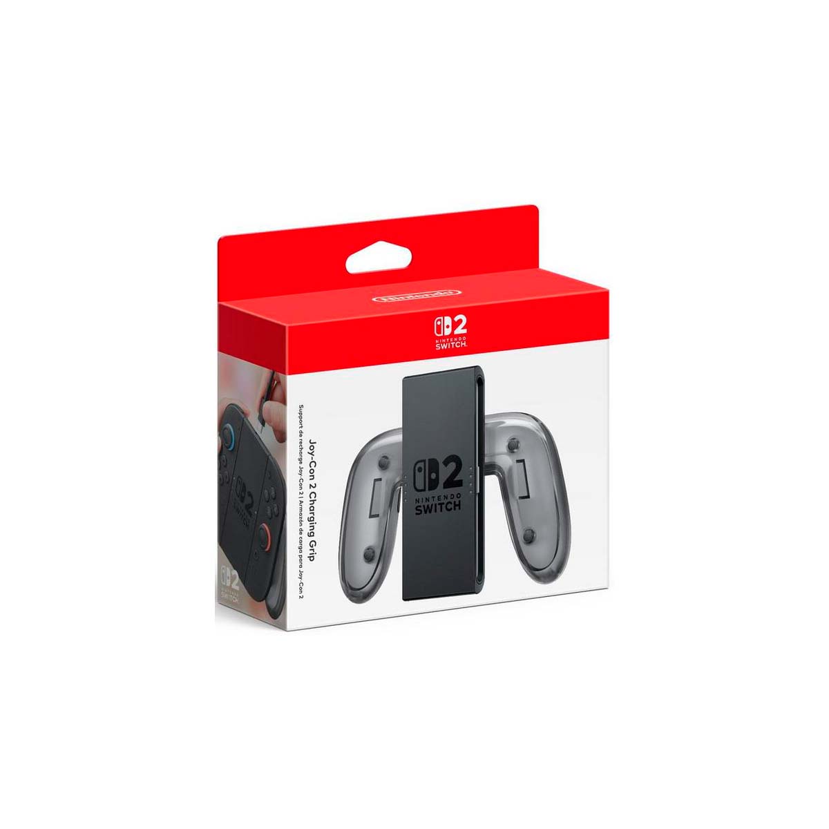 "Packaging of the Nintendo Switch 2 Joy-Con 2 Charging Grip, featuring a vibrant design with the Nintendo Switch logo, highlighting its functionality for charging Joy-Con controllers."