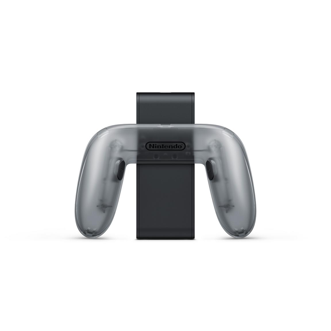 "Close-up view of the Nintendo Switch 2 Joy-Con 2 Charging Grip, showcasing its sleek black design with slots for attaching Joy-Con controllers, ensuring convenient charging."