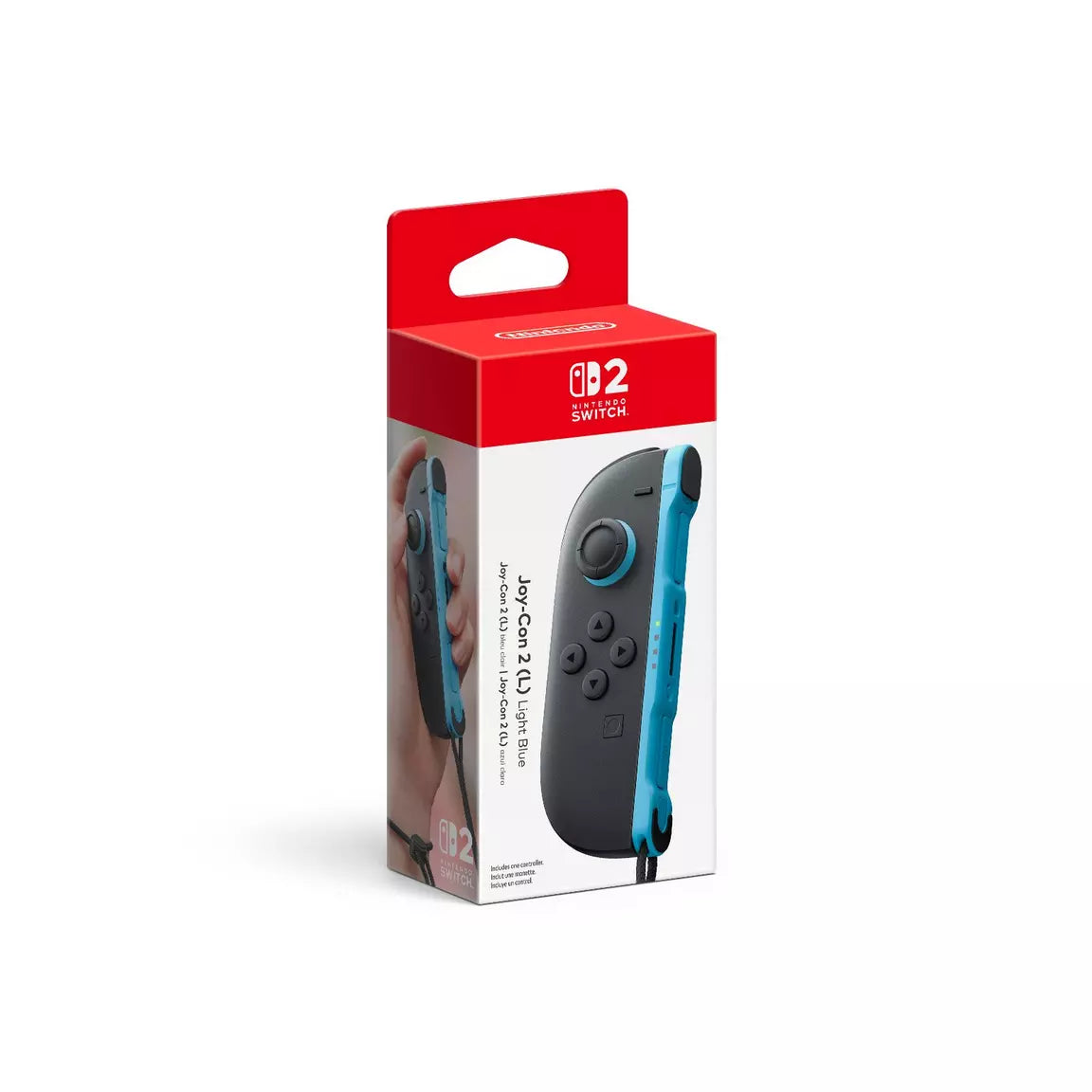 "Package of the Nintendo Switch 2 Joy-Con 2 (L) Light Blue controller, featuring a vibrant light blue and black design with ergonomic grips and buttons. The packaging highlights the sleek, modern look of the Joy-Con, showcasing its compatibility with the Nintendo Switch 2 console."