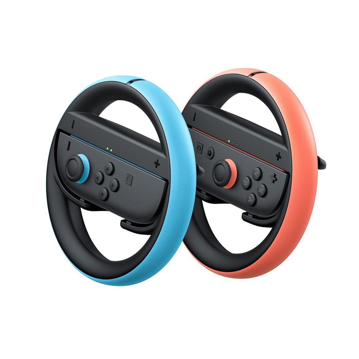 "Close-up view of the Nintendo Switch 2 Joy-Con 2 Wheel (Set of 2), highlighting the ergonomic design with blue and orange accents, perfect for immersive driving experiences."