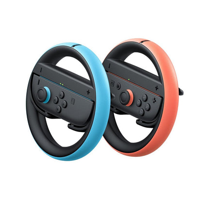 "Close-up view of the Nintendo Switch 2 Joy-Con 2 Wheel (Set of 2), highlighting the ergonomic design with blue and orange accents, perfect for immersive driving experiences."