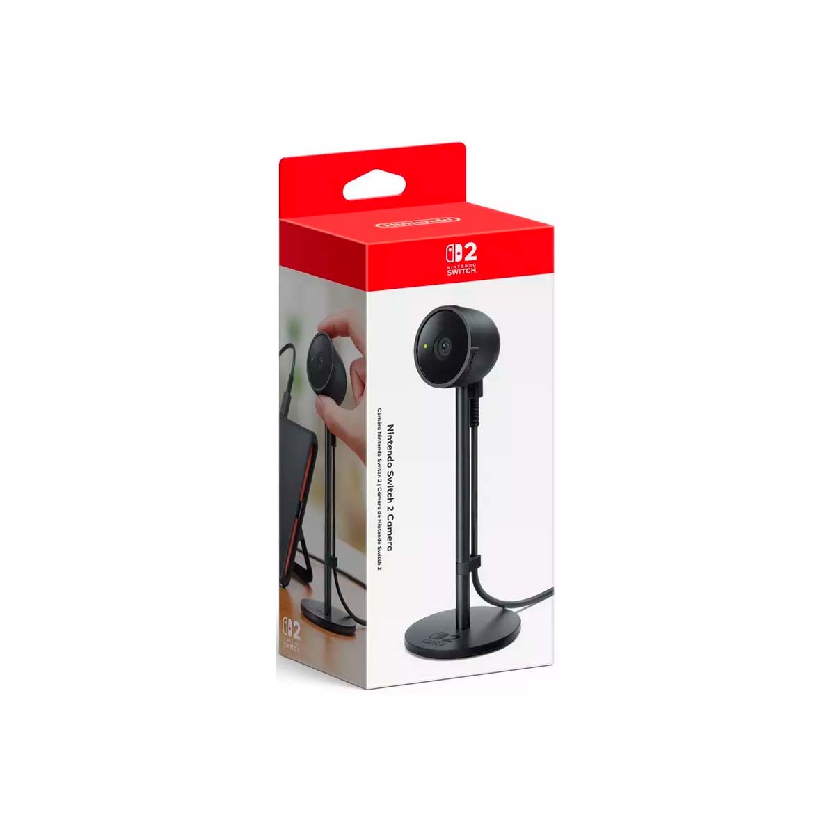 "Packaging of the Nintendo Switch 2 Camera, featuring a sleek design with vibrant colors and the Nintendo Switch logo, highlighting its versatile functionality for video chat and gaming."