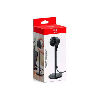 "Packaging of the Nintendo Switch 2 Camera, featuring a sleek design with vibrant colors and the Nintendo Switch logo, highlighting its versatile functionality for video chat and gaming."