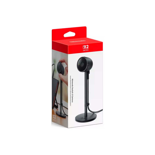 "Packaging of the Nintendo Switch 2 Camera, featuring a sleek design with vibrant colors and the Nintendo Switch logo, highlighting its versatile functionality for video chat and gaming."