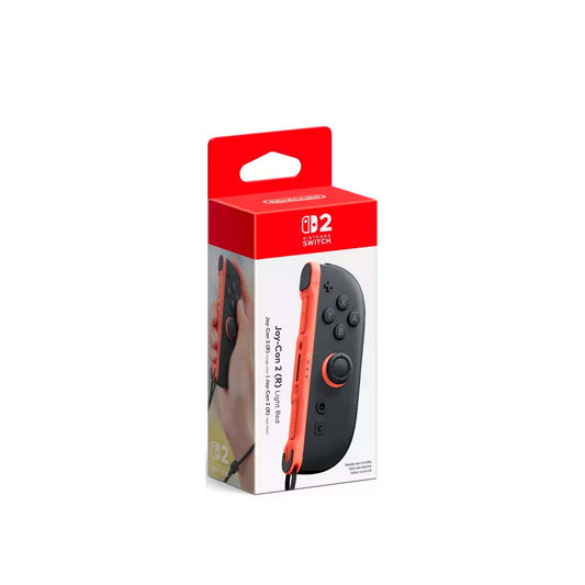 "Package of the Nintendo Switch 2 Joy-Con 2 (R) Light Red controller, featuring a vibrant red and black design with ergonomic grips and buttons. The packaging highlights the sleek, modern look of the Joy-Con, showcasing its compatibility with the Nintendo Switch 2 console."