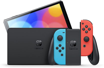 "Close-up view of the Nintendo Switch OLED Model box, highlighting the bold red color scheme and the iconic Nintendo Switch logo on the top left corner."