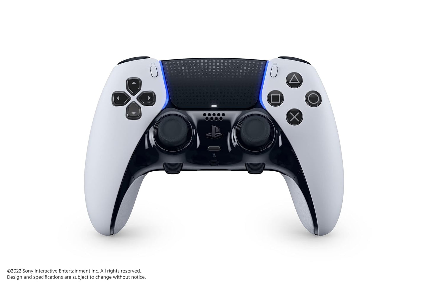 Frontal view of the PlayStation DualSense Edge Wireless Controller, emphasizing its modern design, textured grips, and customizable features.