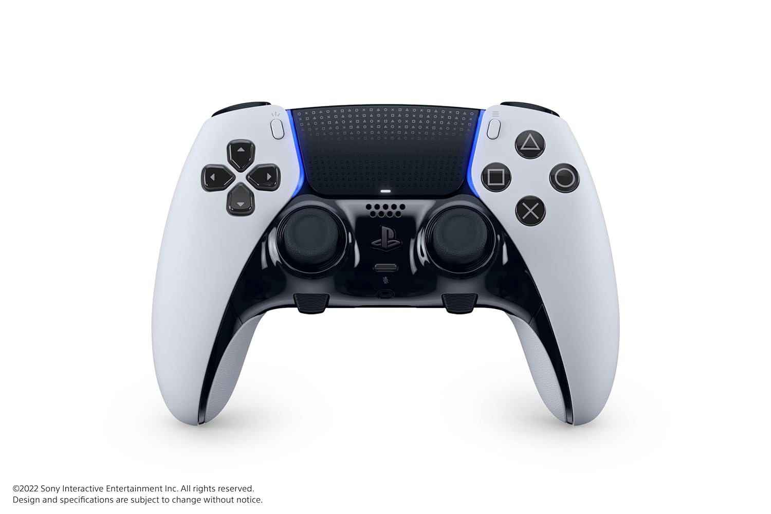 Frontal view of the PlayStation DualSense Edge Wireless Controller, emphasizing its modern design, textured grips, and customizable features.