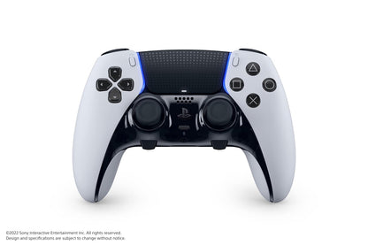 Frontal view of the PlayStation DualSense Edge Wireless Controller, emphasizing its modern design, textured grips, and customizable features.