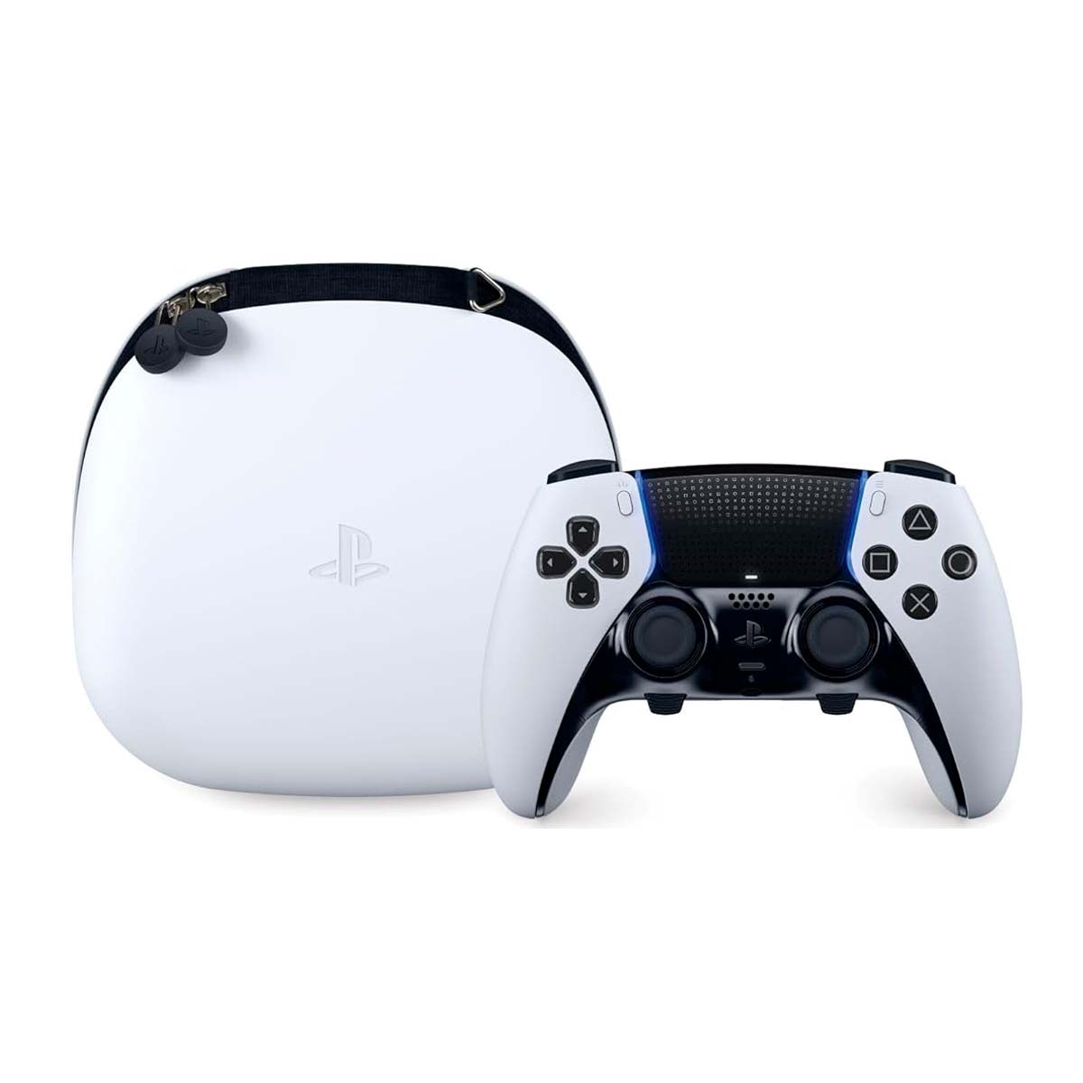 PlayStation DualSense Edge Wireless Controller in white, featuring adaptive triggers and haptic feedback technology, paired with a PlayStation VR headset.