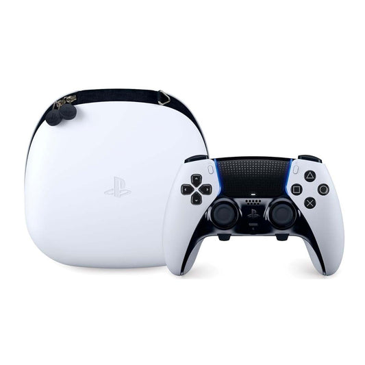 PlayStation DualSense Edge Wireless Controller in white, featuring adaptive triggers and haptic feedback technology, paired with a PlayStation VR headset.