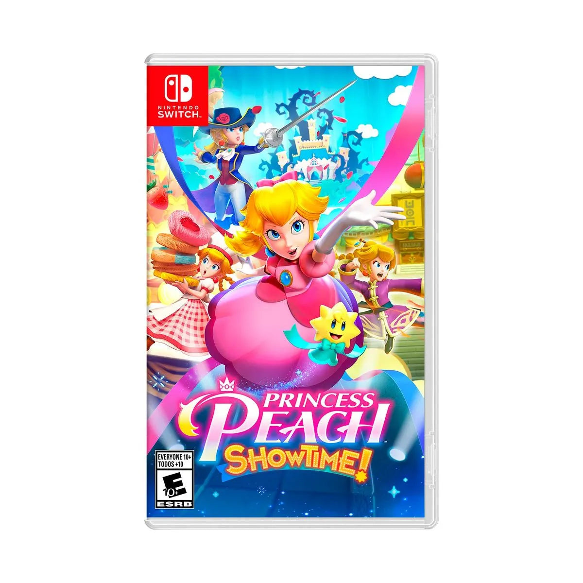 Cover art for Princess Peach: Showtime! – Nintendo Switch Edition, featuring Princess Peach in a vibrant stage setting with magical ribbons.