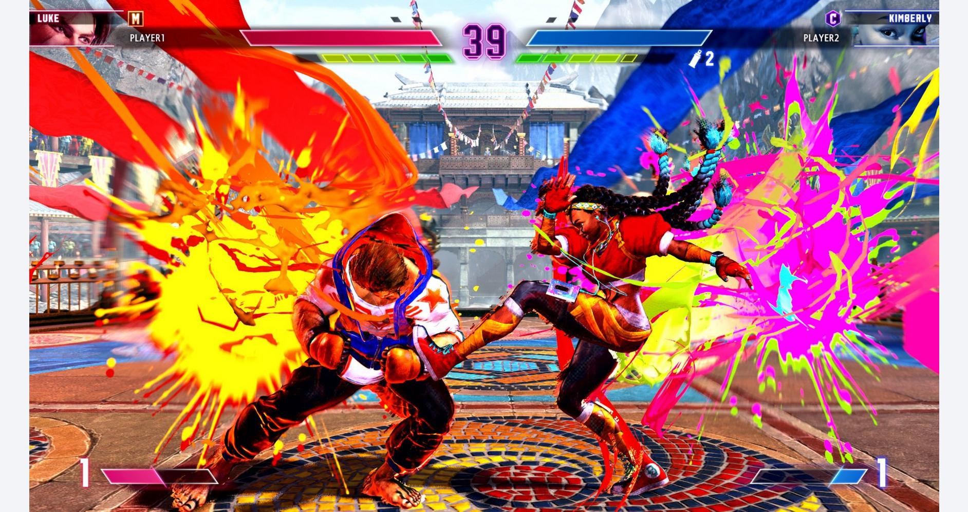 "Intense combat scene from Street Fighter 6 Year 1-2 Fighters Edition – Nintendo Switch 2, highlighting two fighters locked in a high-energy match with explosive special moves and detailed animations."