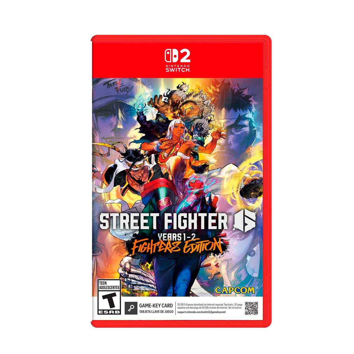 "Cover art for Street Fighter 6 Year 1-2 Fighters Edition – Nintendo Switch 2, featuring vibrant artwork with multiple characters in dynamic poses, set against a fiery background."