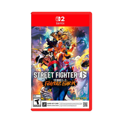 "Cover art for Street Fighter 6 Year 1-2 Fighters Edition – Nintendo Switch 2, featuring vibrant artwork with multiple characters in dynamic poses, set against a fiery background."