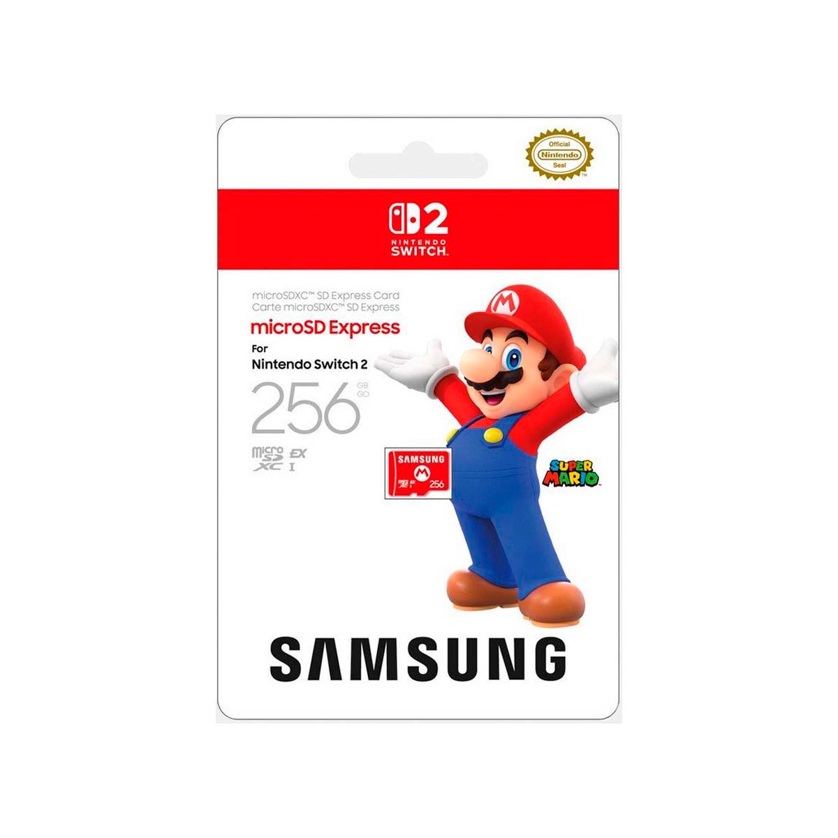 "Packaging of the Samsung microSDXC Express 256GB memory card for Nintendo Switch 2, featuring Mario from Super Mario in a cheerful pose. The card is designed specifically for the Nintendo Switch 2 console and includes an Official Nintendo Seal of Approval."