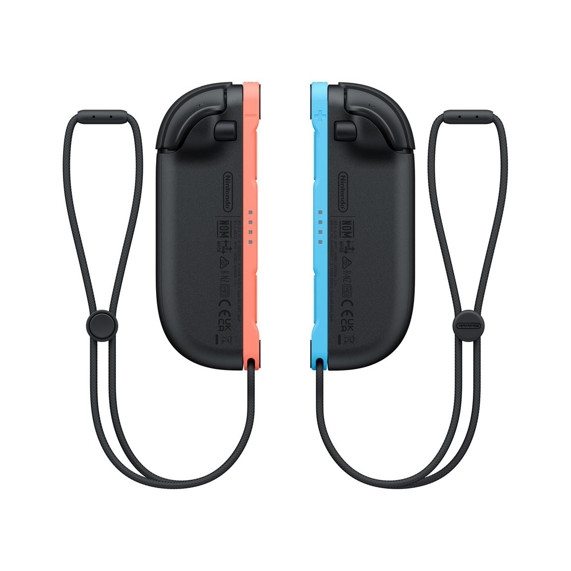 "Side-by-side view of the Nintendo Switch 2 Joy-Con 2 (L)/(R) Light Blue/Light Red, showcasing their sleek black bodies with vibrant light blue and light red accents, perfect for immersive gameplay."