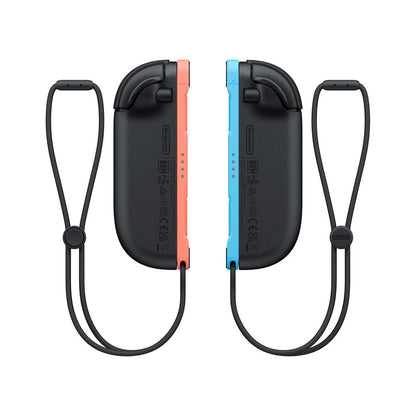 "Side-by-side view of the Nintendo Switch 2 Joy-Con 2 (L)/(R) Light Blue/Light Red, showcasing their sleek black bodies with vibrant light blue and light red accents, perfect for immersive gameplay."