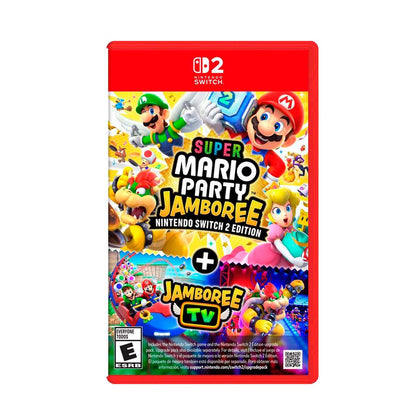 Cover art for Super Mario Party Jamboree - Nintendo Switch 2 Edition, featuring vibrant characters like Mario, Luigi, Princess Peach, and Bowser in dynamic poses. The title 'Super Mario Party Jamboree' is prominently displayed, along with the subtitle 'Nintendo Switch 2 Edition' and the 'Jamboree TV' logo. The background showcases colorful minigames and festive elements, emphasizing the party theme. The ESRB rating 'E for Everyone' is visible.